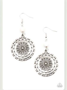 E-71 Paparazzi Silver-Tone Floral Medallion Earrings with White Bead